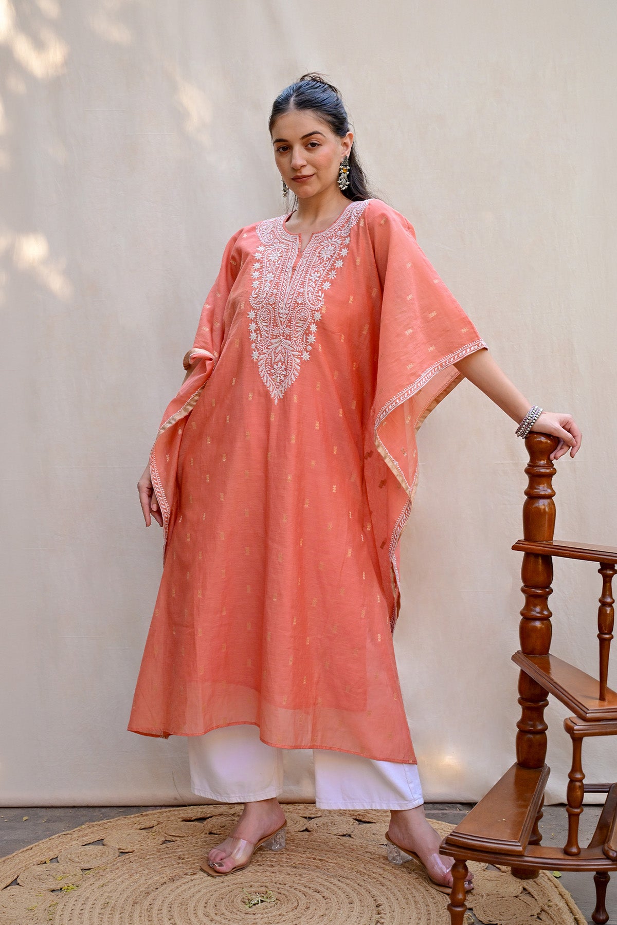 Peach Orange Banarasi Chanderi Chikankari Kaftan