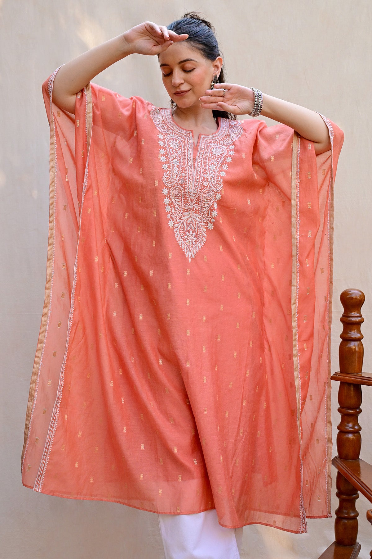 Peach Orange Banarasi Chanderi Chikankari Kaftan