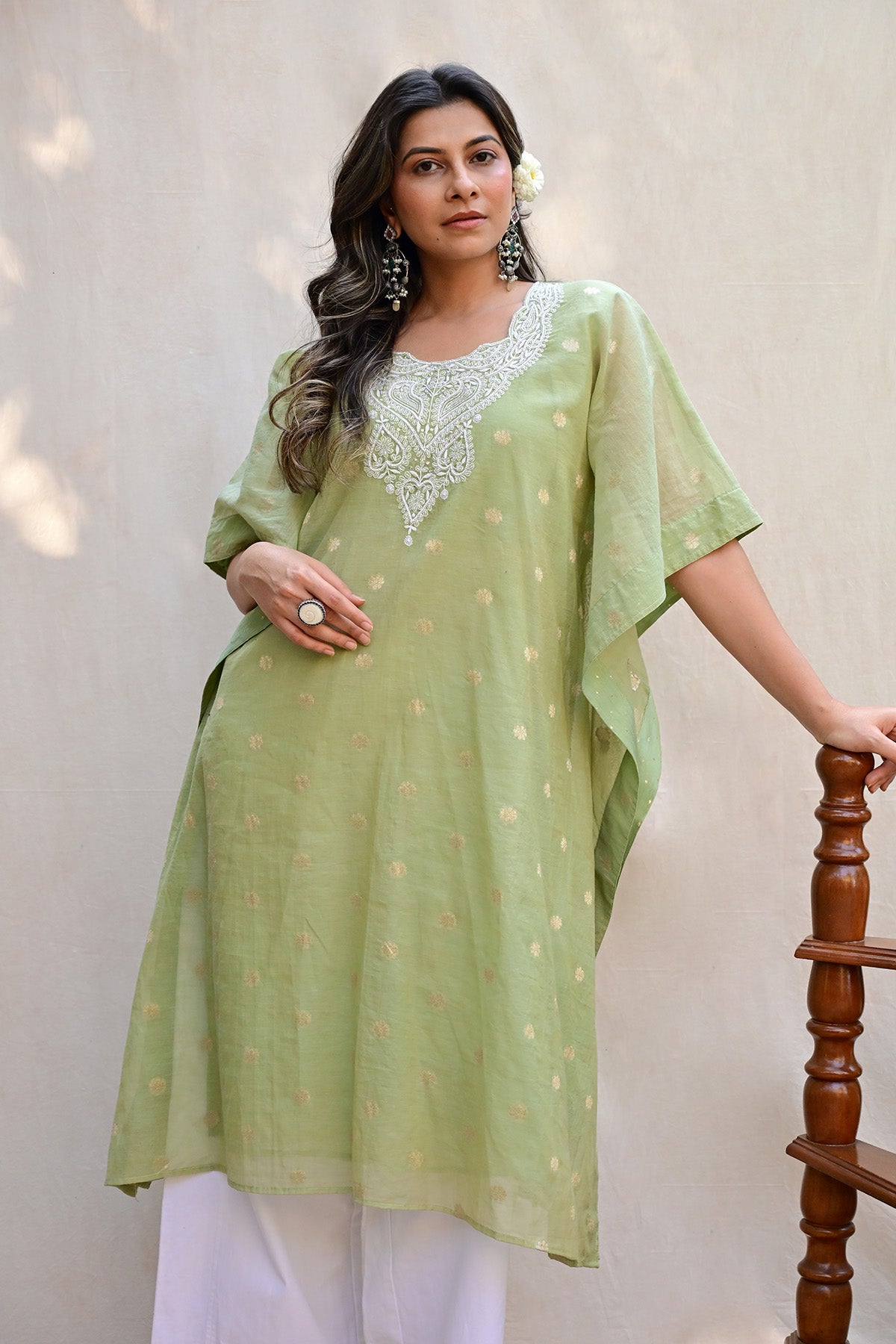 Sage Green Banarasi Chanderi Chikankari Kaftan