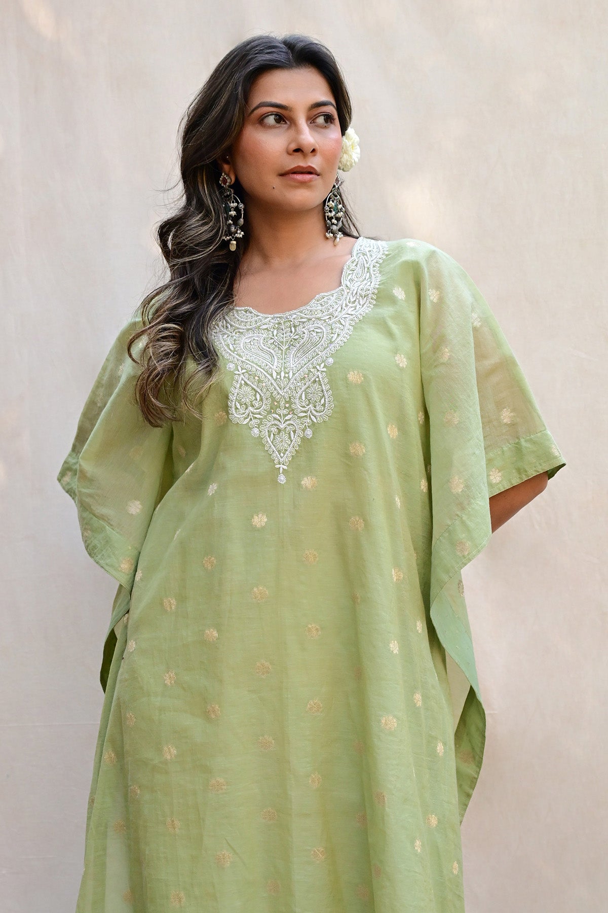 Sage Green Banarasi Chanderi Chikankari Kaftan