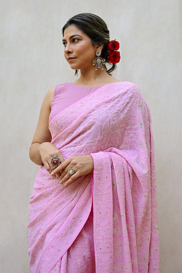 Light Pink Georgette Chikankari Saree