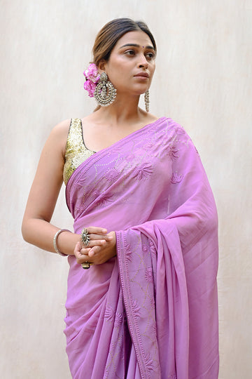 Dark Lavender Viscose Georgette Chikankari Saree