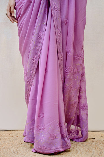 Dark Lavender Viscose Georgette Chikankari Saree