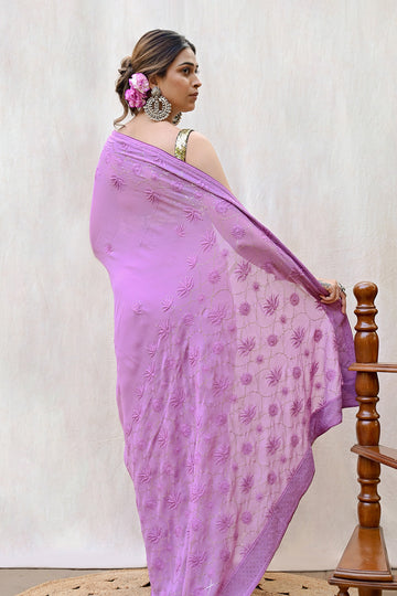Dark Lavender Viscose Georgette Chikankari Saree
