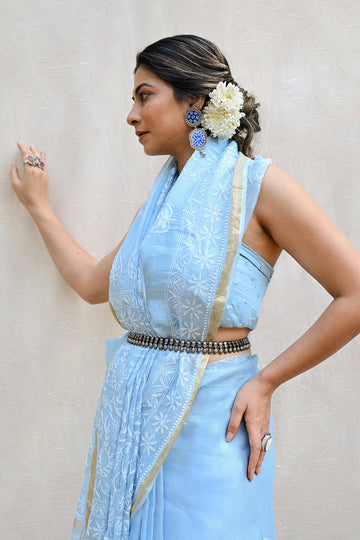 Light Blue Kota Silk Chikankari Saree