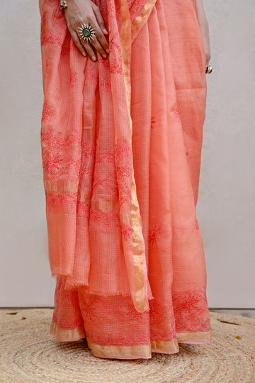 Light Red Ochre Kota Silk Chikankari Saree