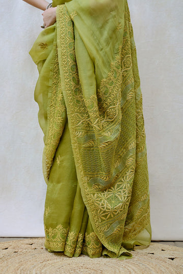 Olive Green Pure Organza Silk Chikankari Saree