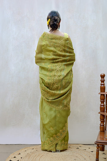 Olive Green Pure Organza Silk Chikankari Saree