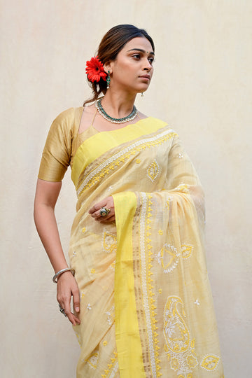 Light Yellow Chanderi Chikankari Saree