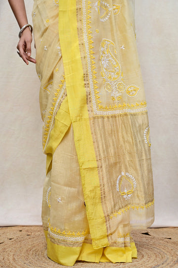 Light Yellow Chanderi Chikankari Saree