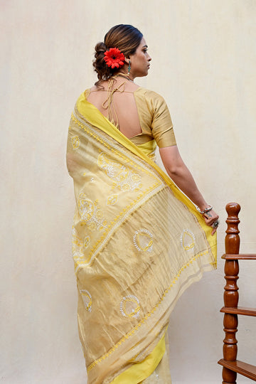 Light Yellow Chanderi Chikankari Saree