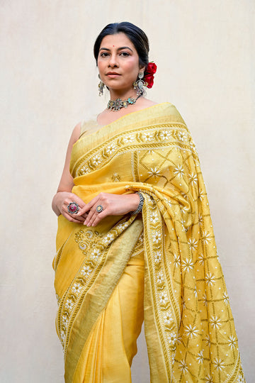 Mustard Yellow Tussar Moonga Chikankari Saree