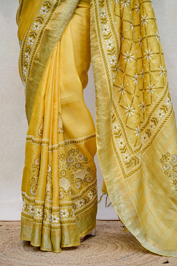 Mustard Yellow Tussar Moonga Chikankari Saree
