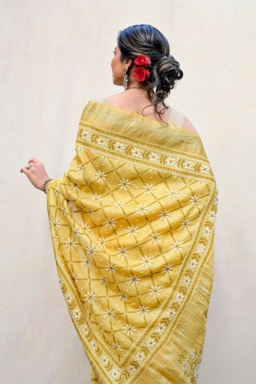 Mustard Yellow Tussar Moonga Chikankari Saree