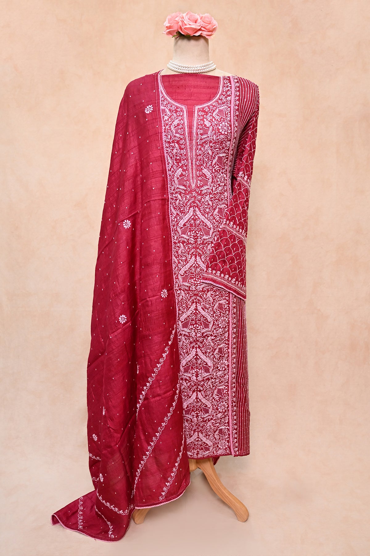 Rose Red Tussar Silk Chikankari Suit
