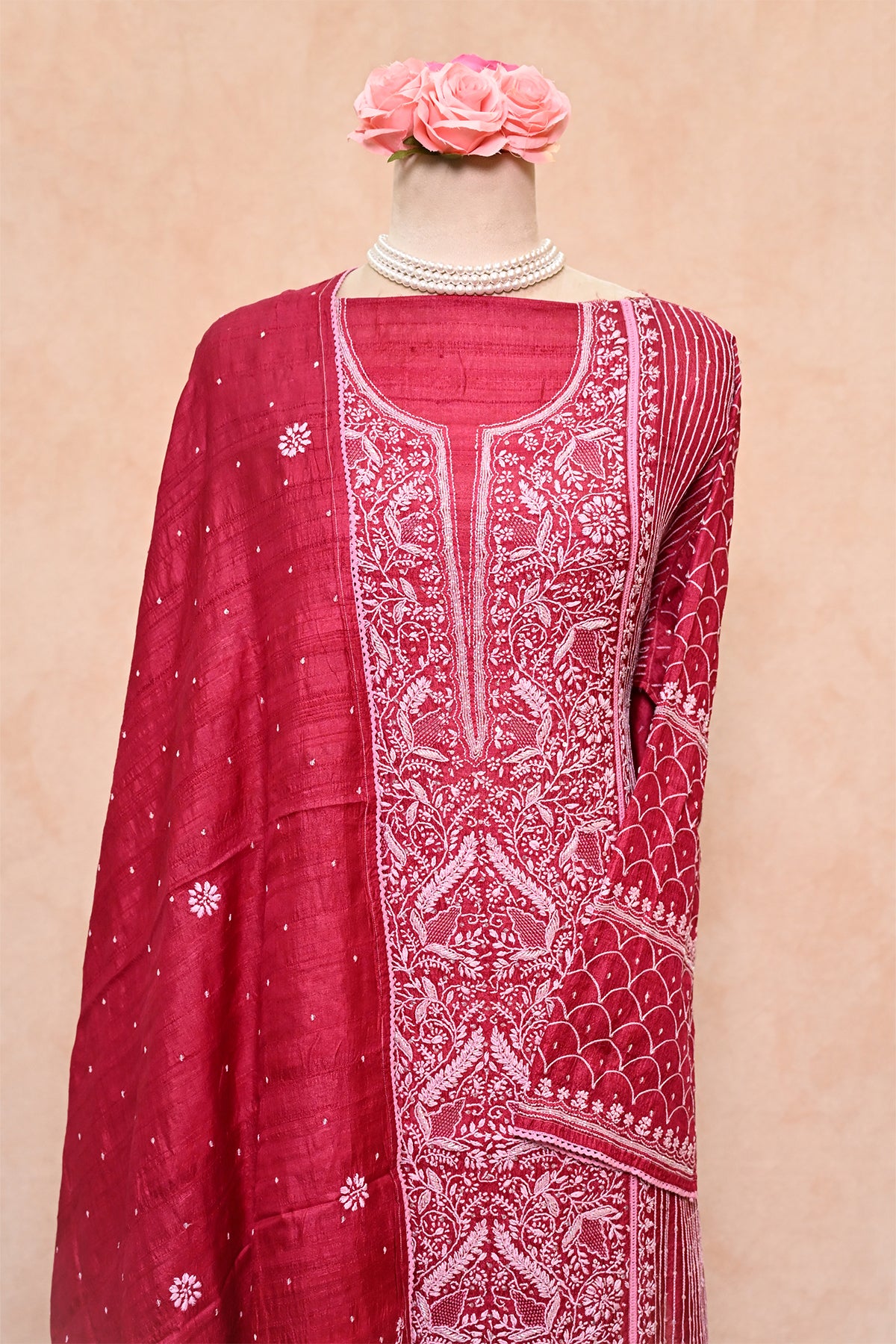 Rose Red Tussar Silk Chikankari Suit