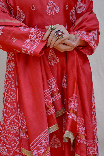 Ruby Red Chanderi Chikankari Suit