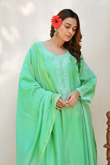 Parakeet Green Chanderi Chikankari Suit