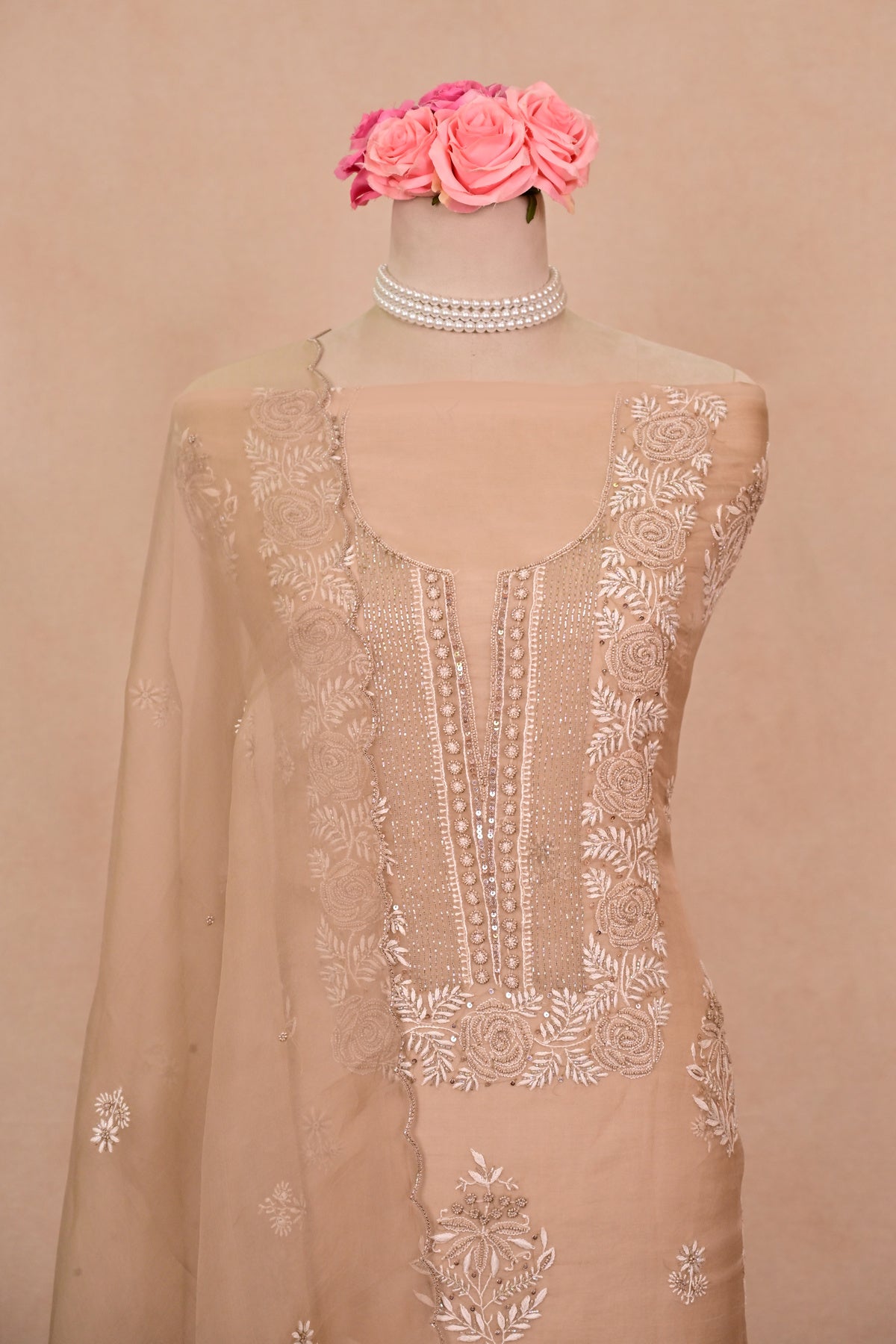 Light Brown Organza Chikankari Suit