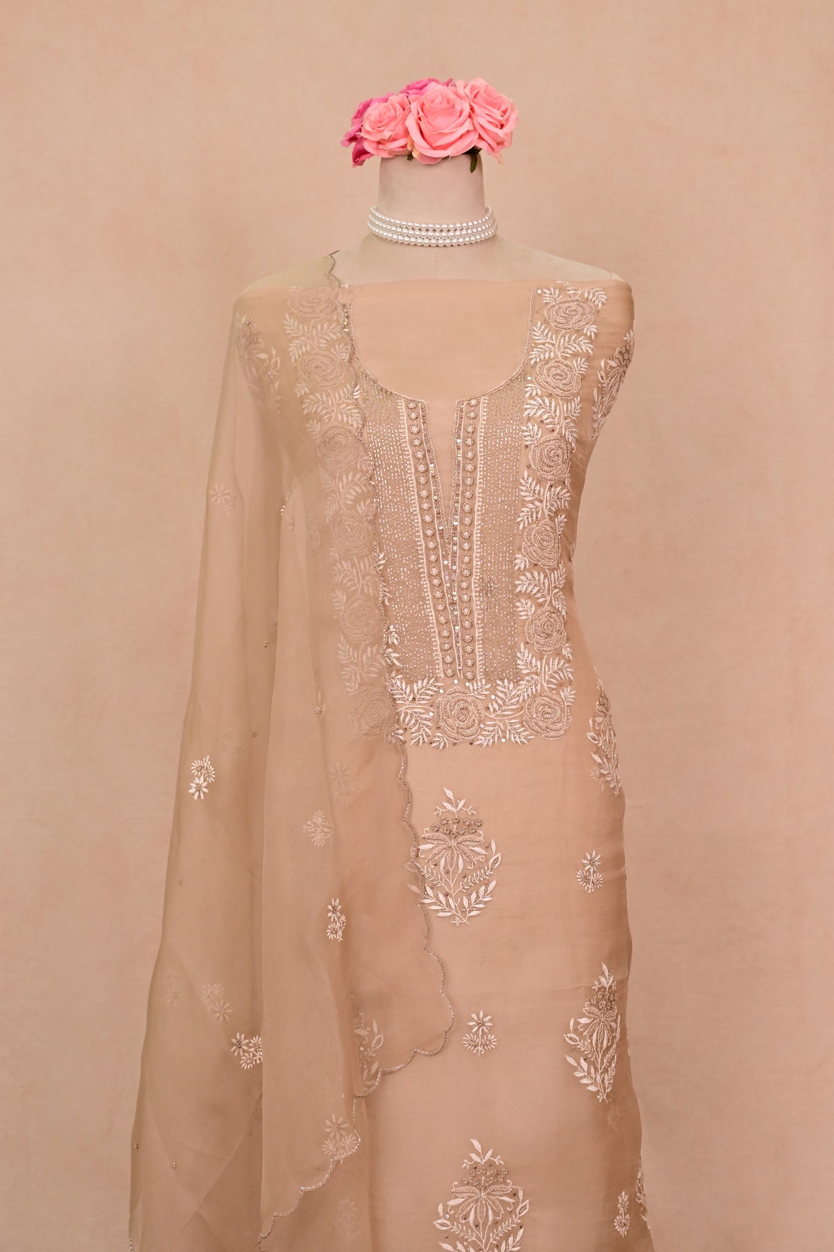 Light Brown Organza Chikankari Suit