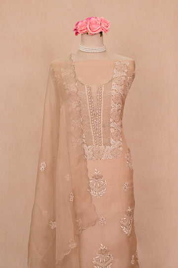 Light Brown Organza Chikankari Suit