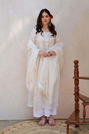 Ivory White Organza Chikankari Suit