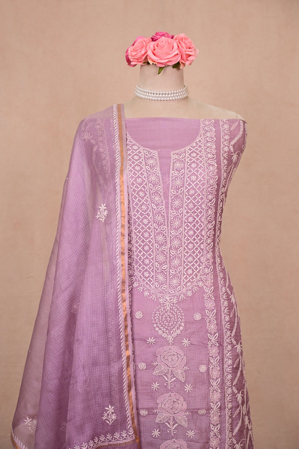 Dark Lavender Kota Silk Chikankari Suit