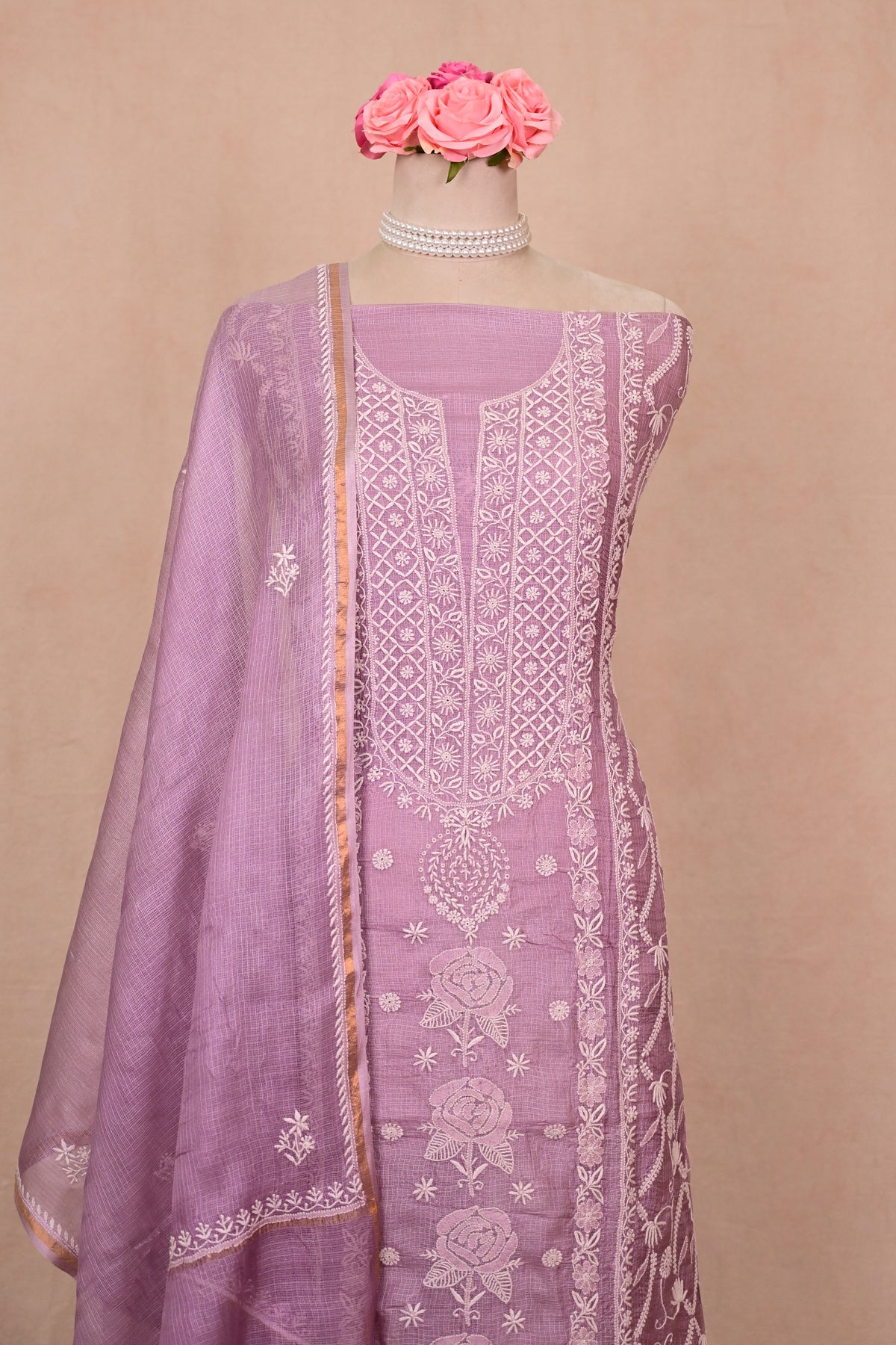 Dark Lavender Kota Silk Chikankari Suit