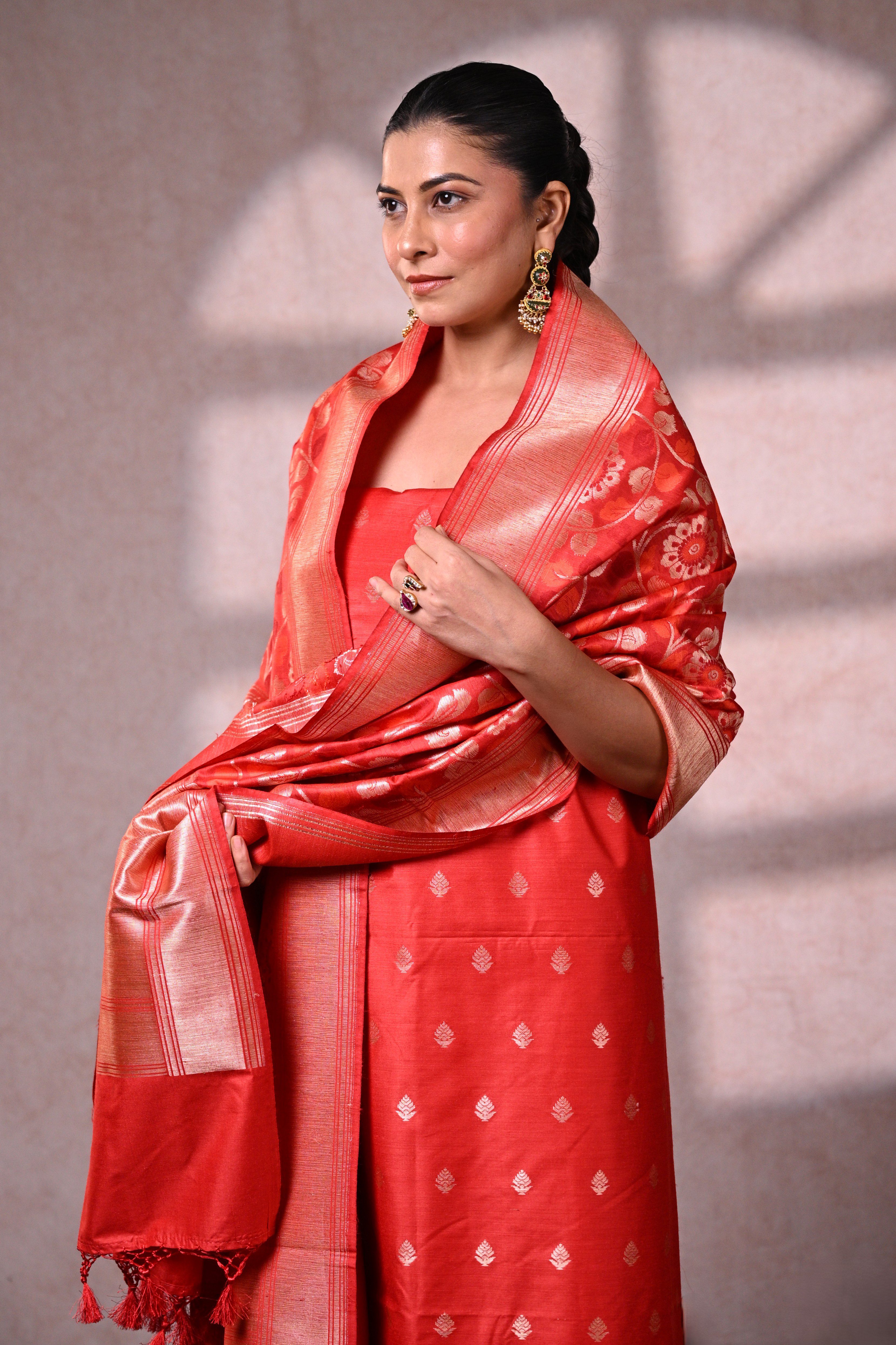 Vermillion Red Banarasi Dupion Silk Suit