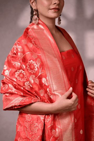 Vermillion Red Banarasi Dupion Silk Suit