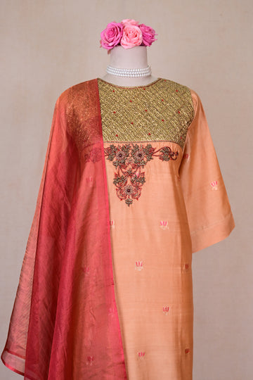 Apricot Chiniya Silk Zardozi Suit