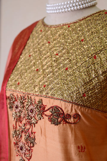Apricot Chiniya Silk Zardozi Suit