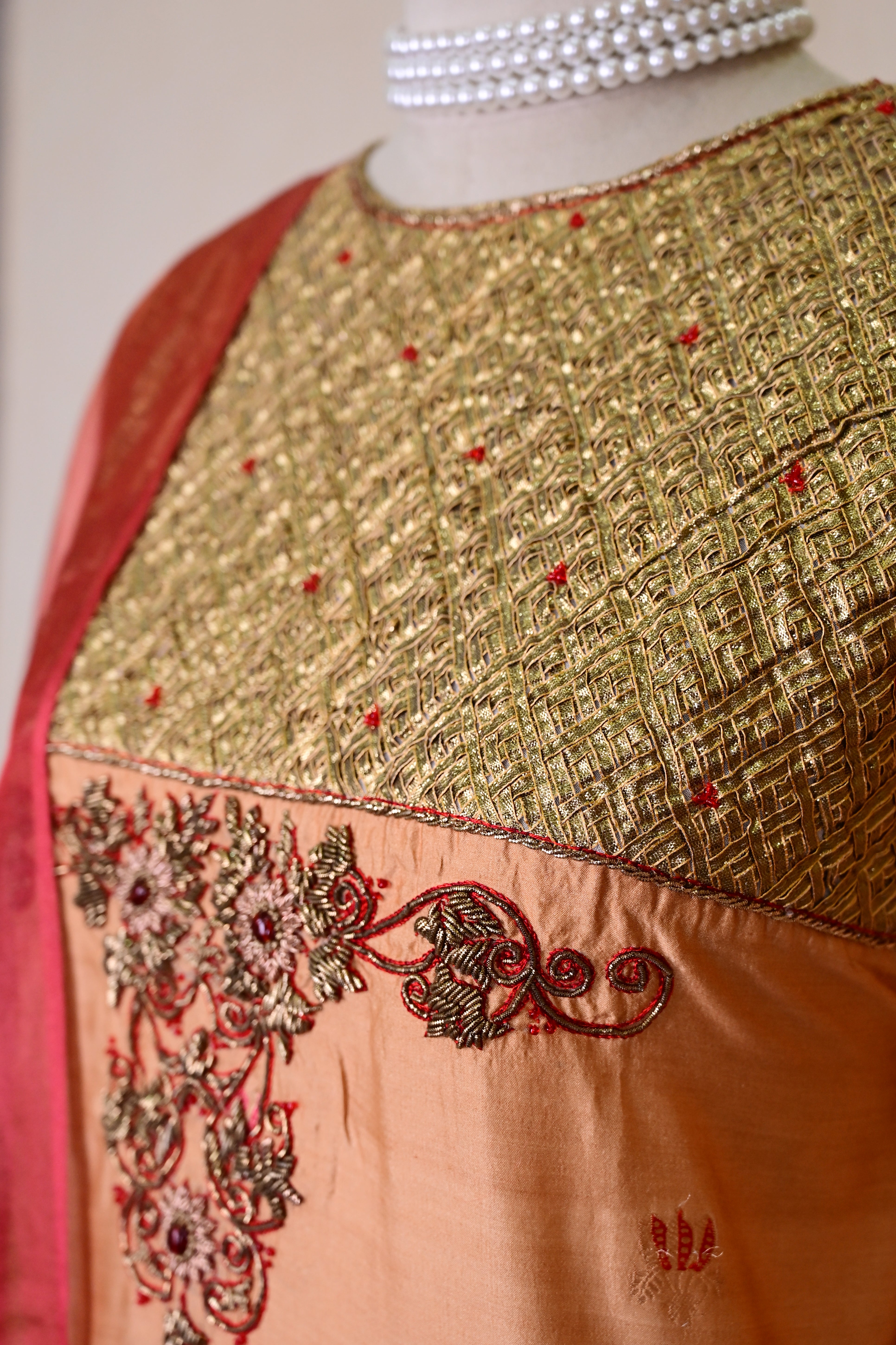Apricot Chiniya Silk Zardozi Suit