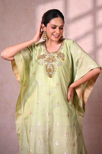 Pistachio Banarasi Chanderi Silk Zardozi Kaftan