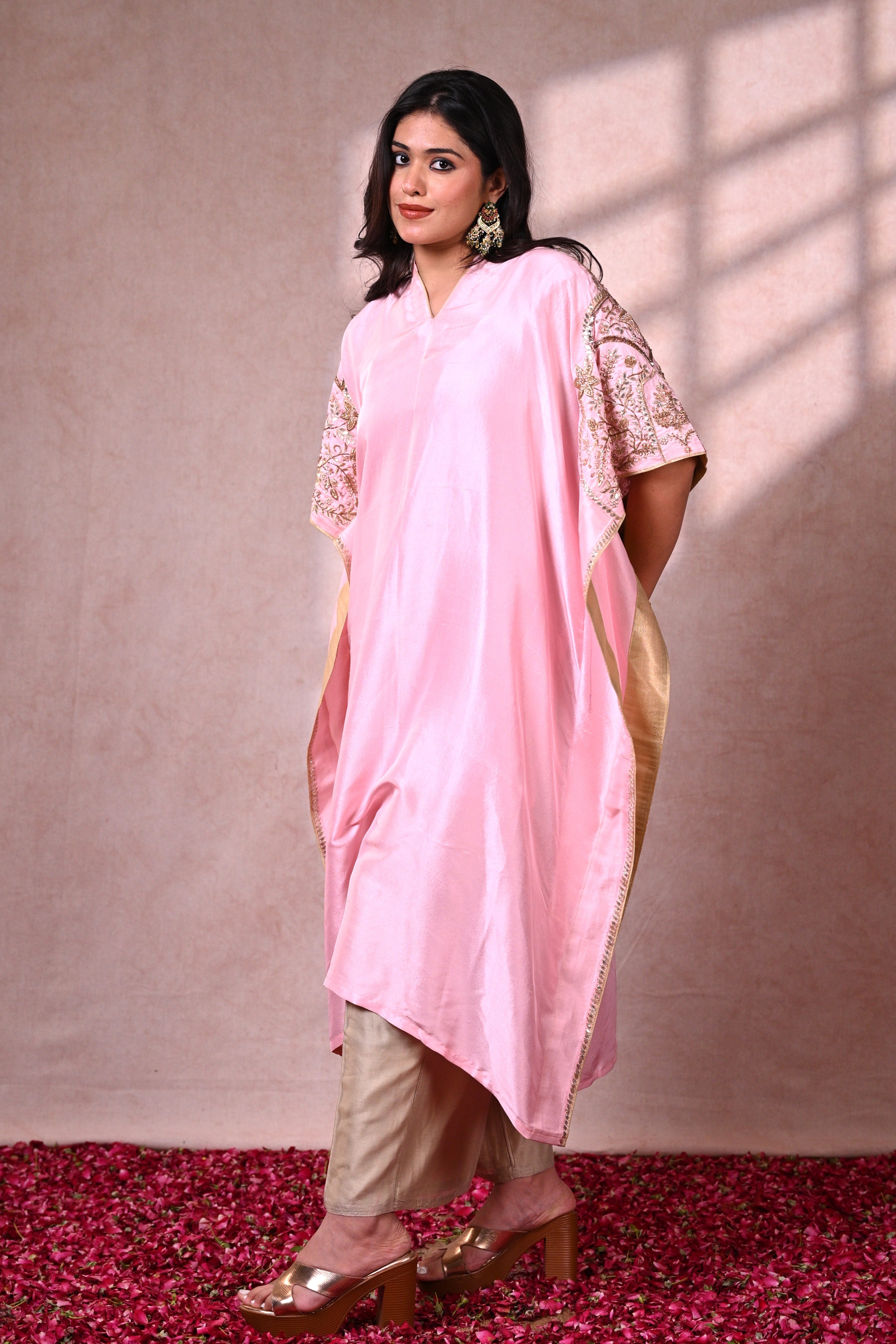 Vark Pink Dupion Silk Zardozi Kaftan