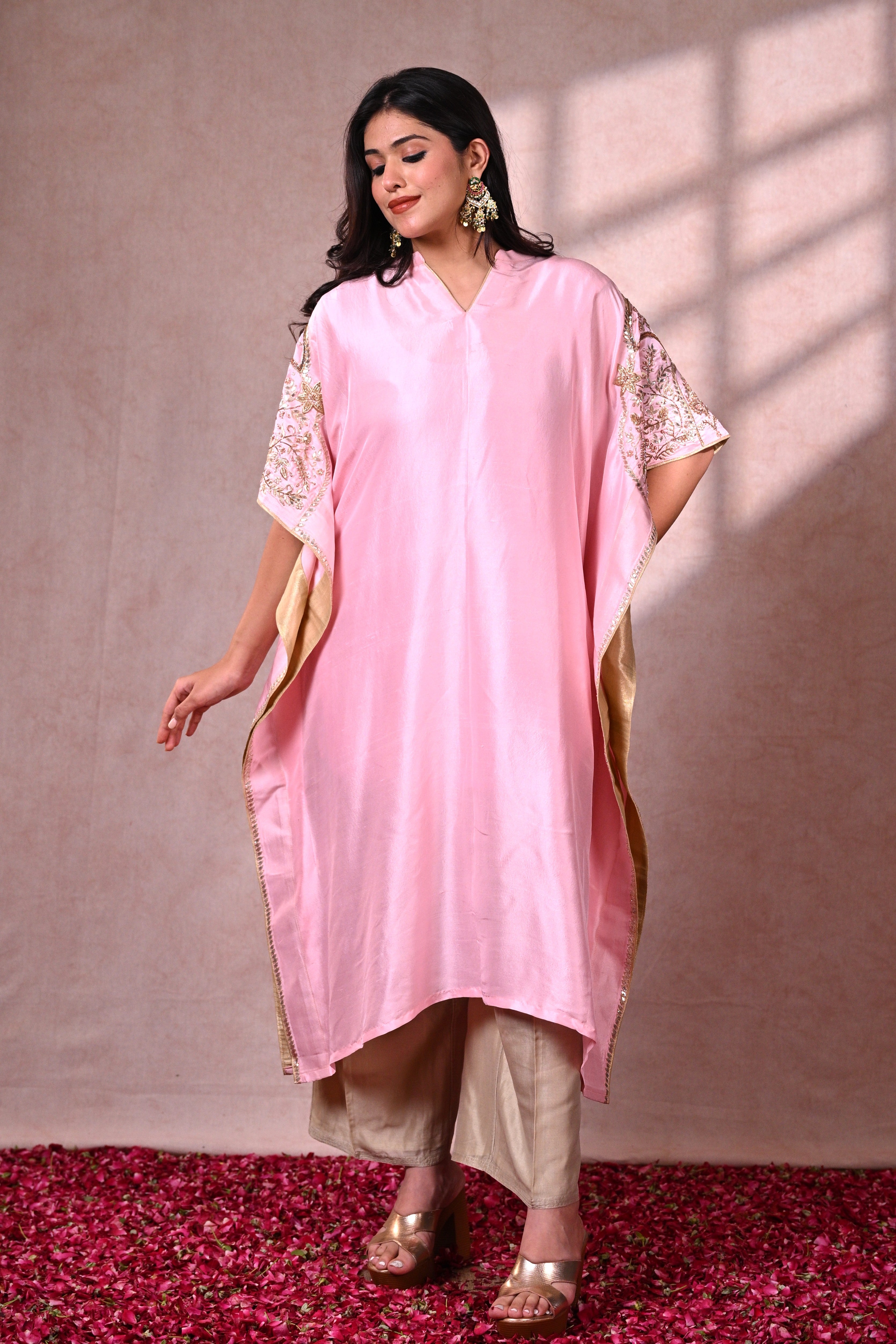 Vark Pink Dupion Silk Zardozi Kaftan