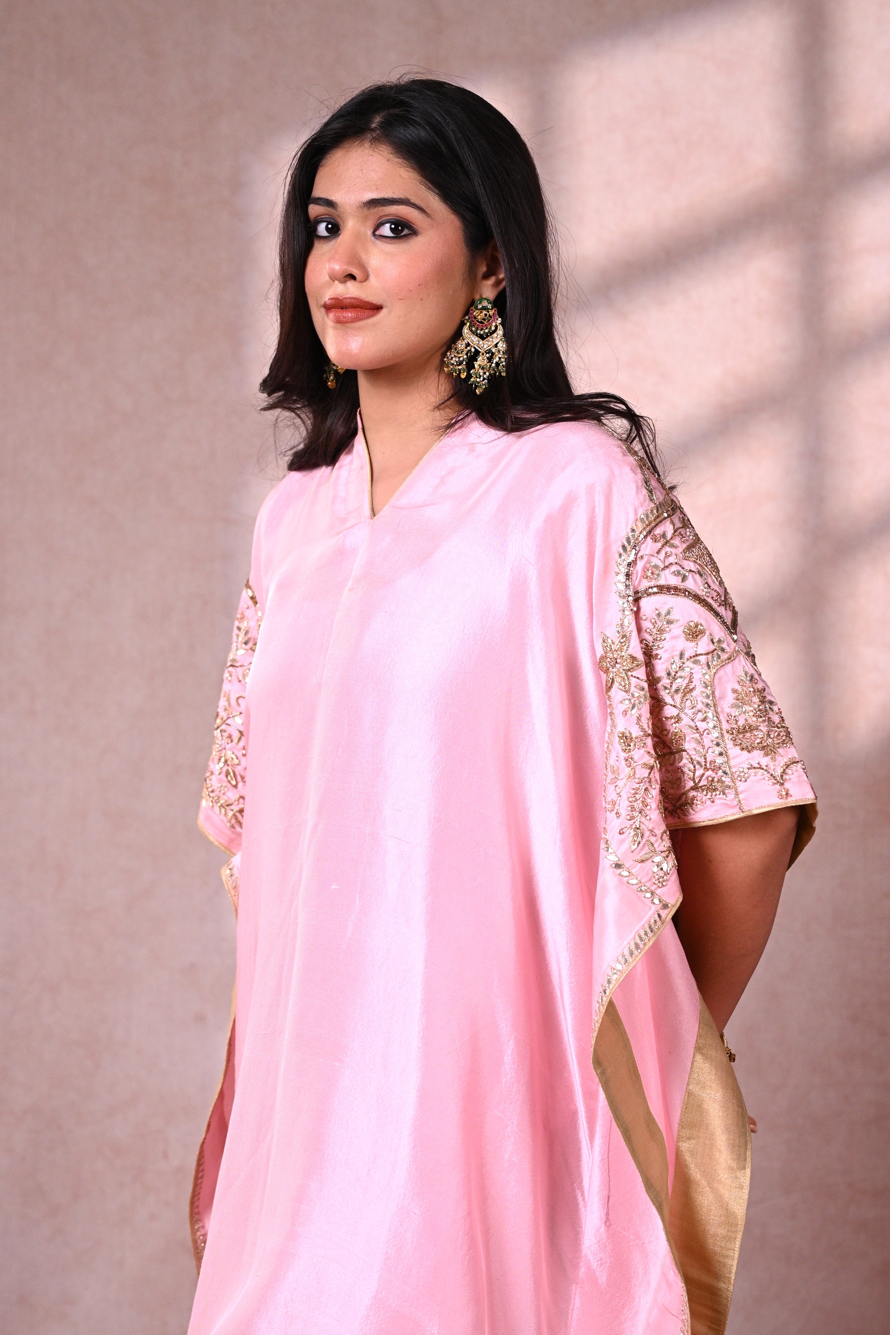 Vark Pink Dupion Silk Zardozi Kaftan