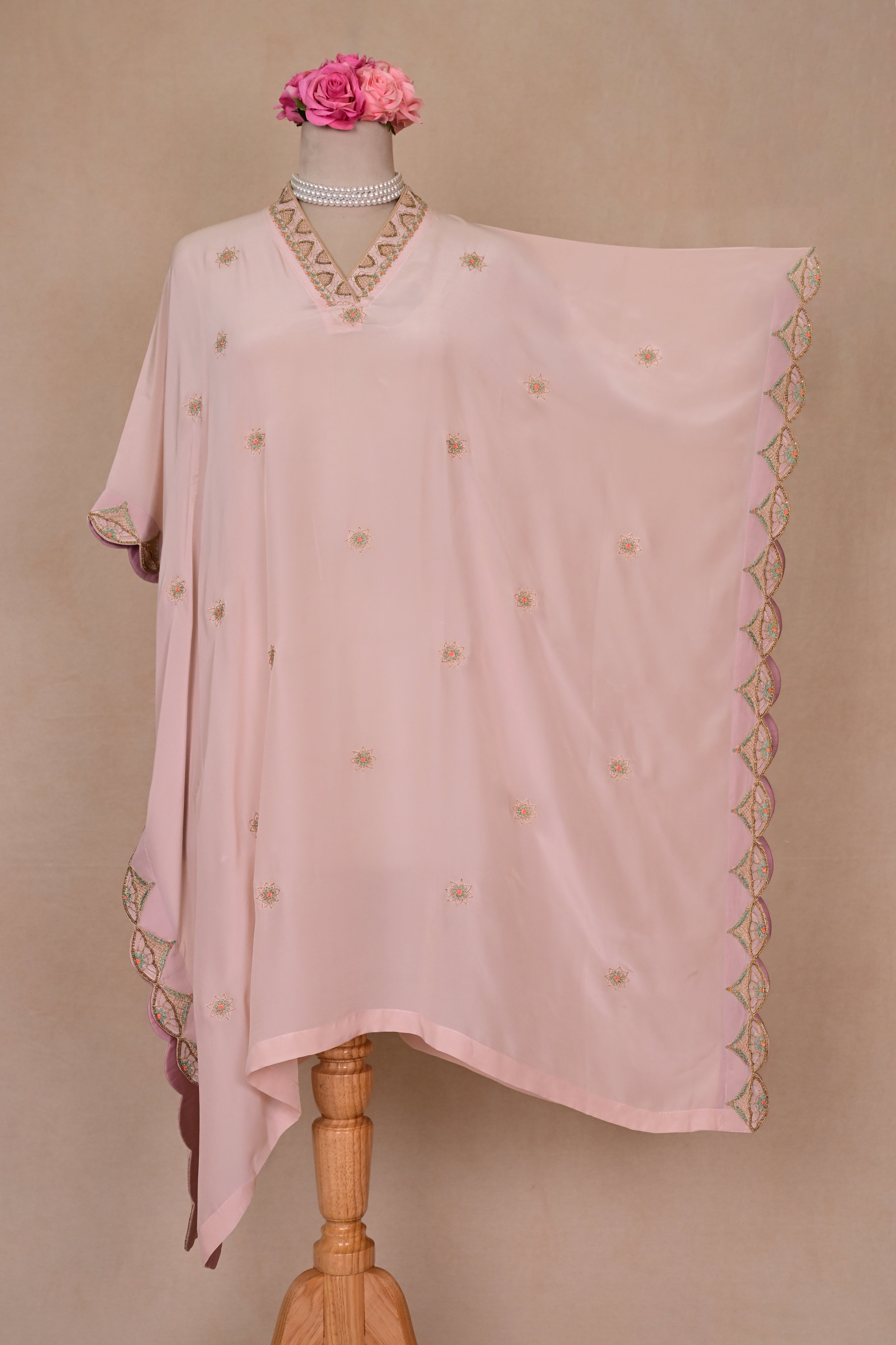 Pale Pink Crepe Zardozi Kaftan