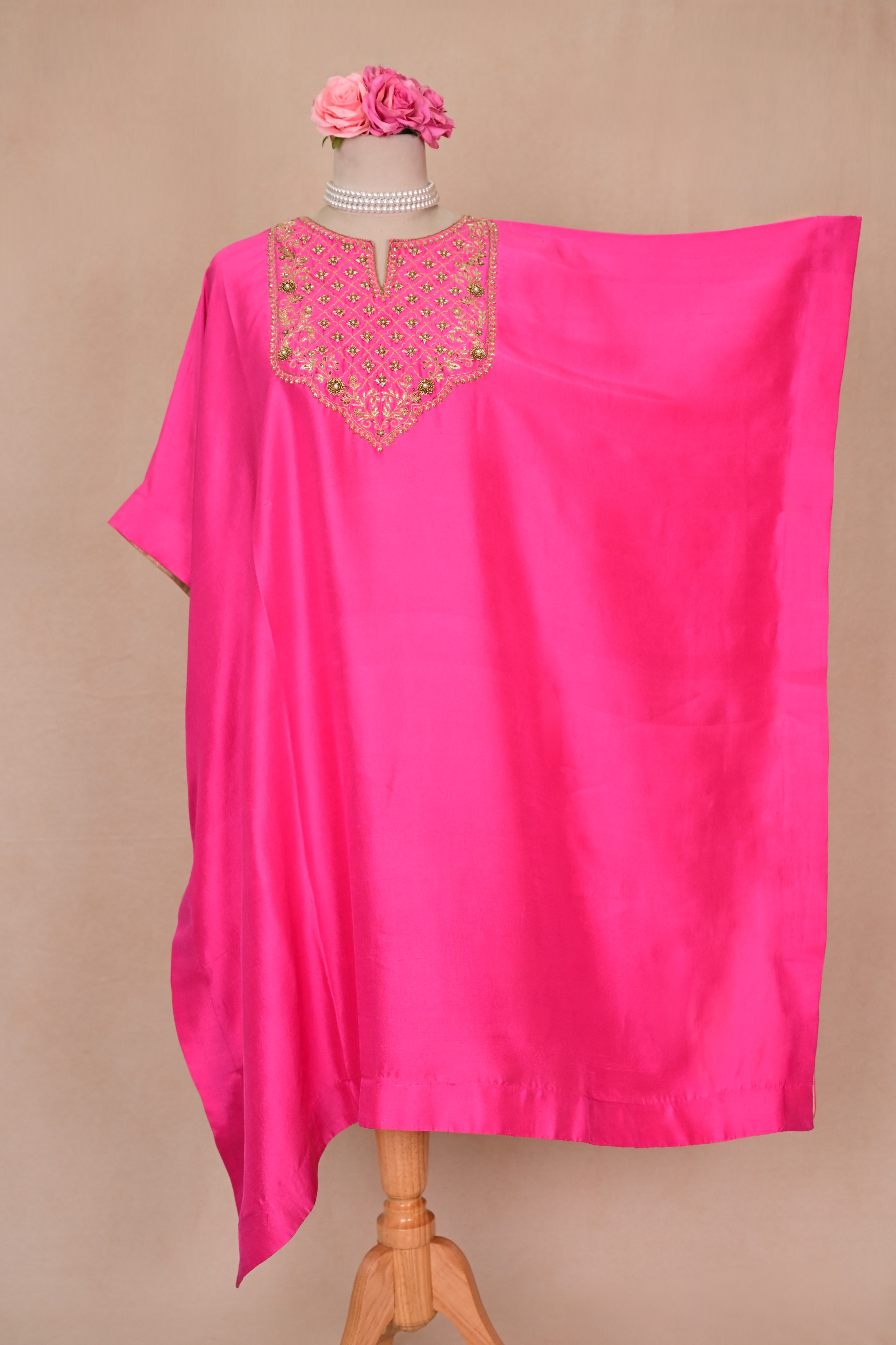 Hot Pink Dupion Silk Zardozi Kaftan