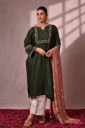 Forest Green Murshidabad Silk Zardozi Suit