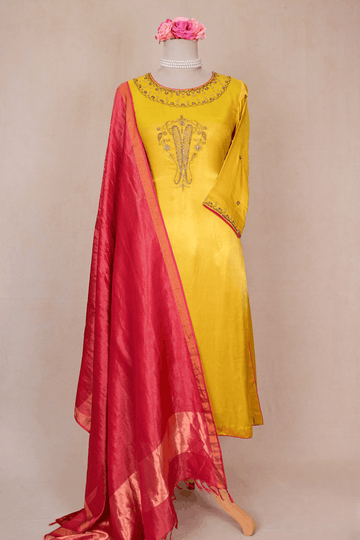 Yellow Gajji Silk Zardozi Suit