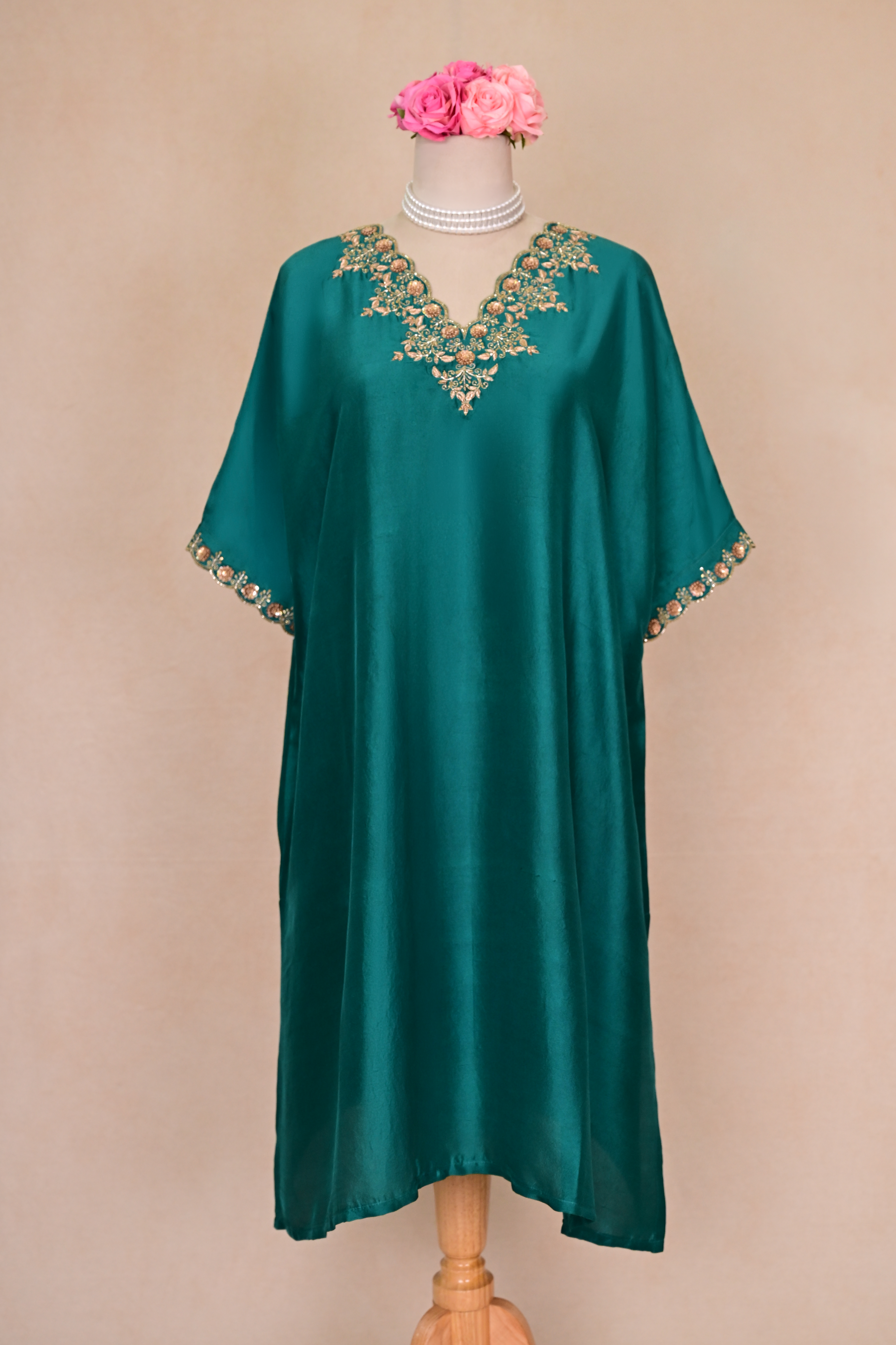 Pine Green Dupion Silk Zardozi Kaftan