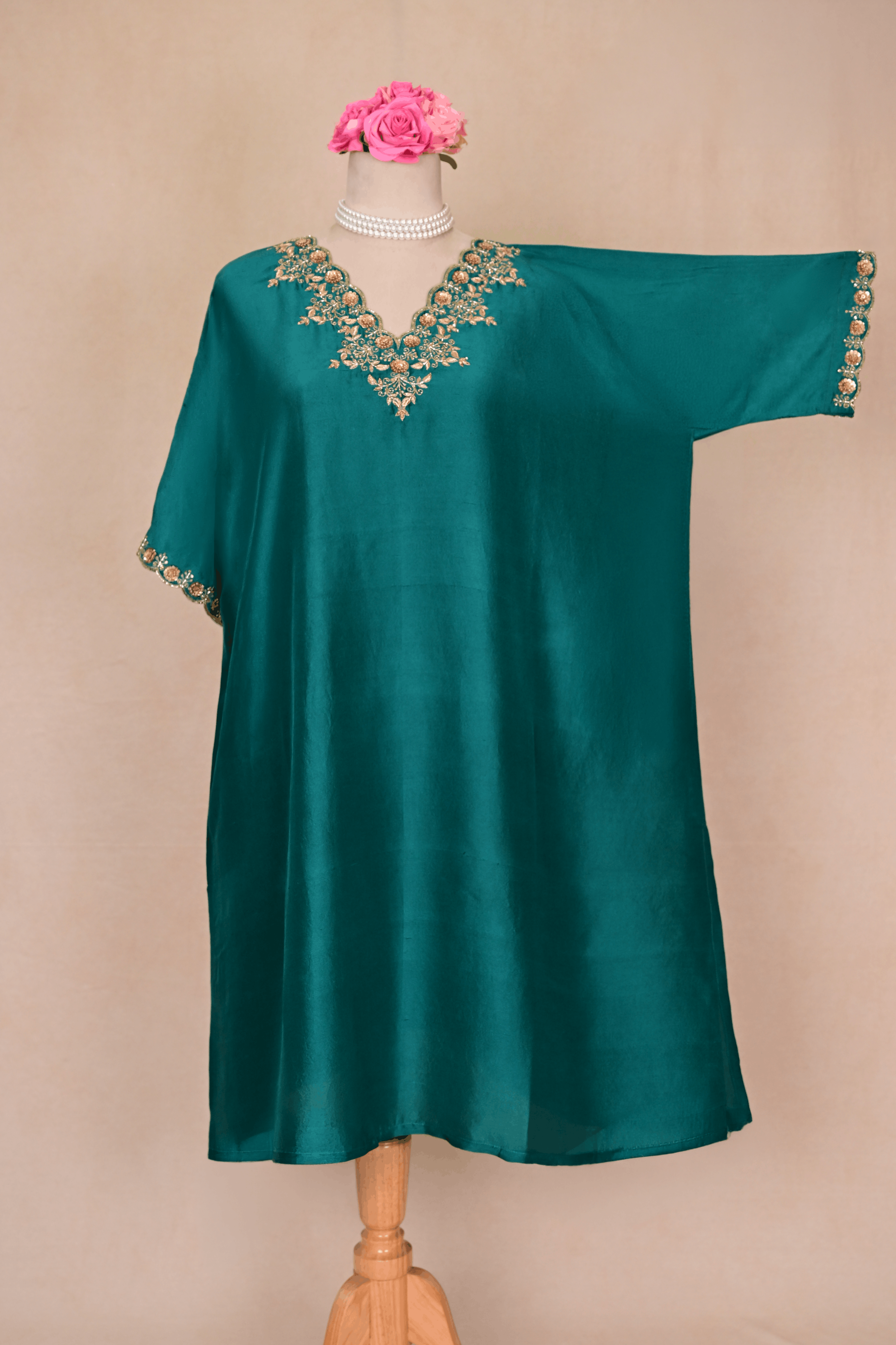 Pine Green Dupion Silk Zardozi Kaftan