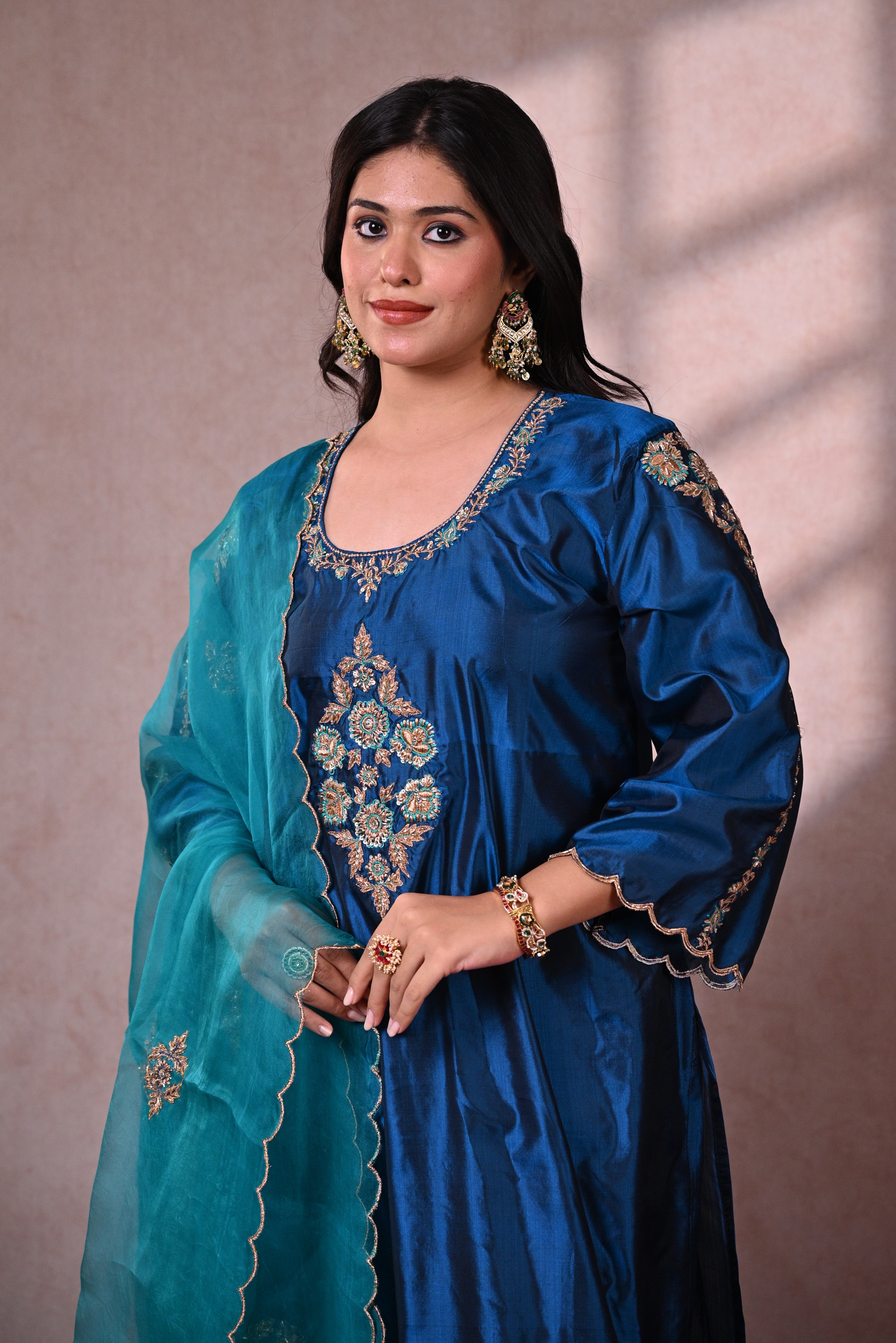 Peacock Blue Katan Silk Zardozi Suit