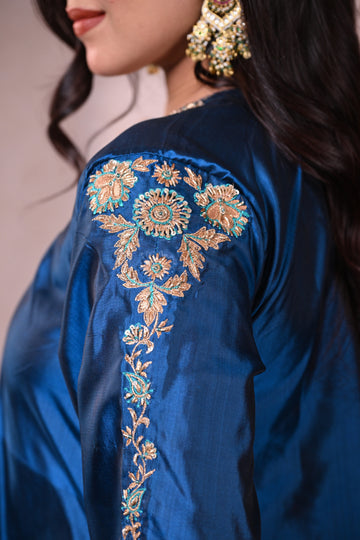 Peacock Blue Katan Silk Zardozi Suit