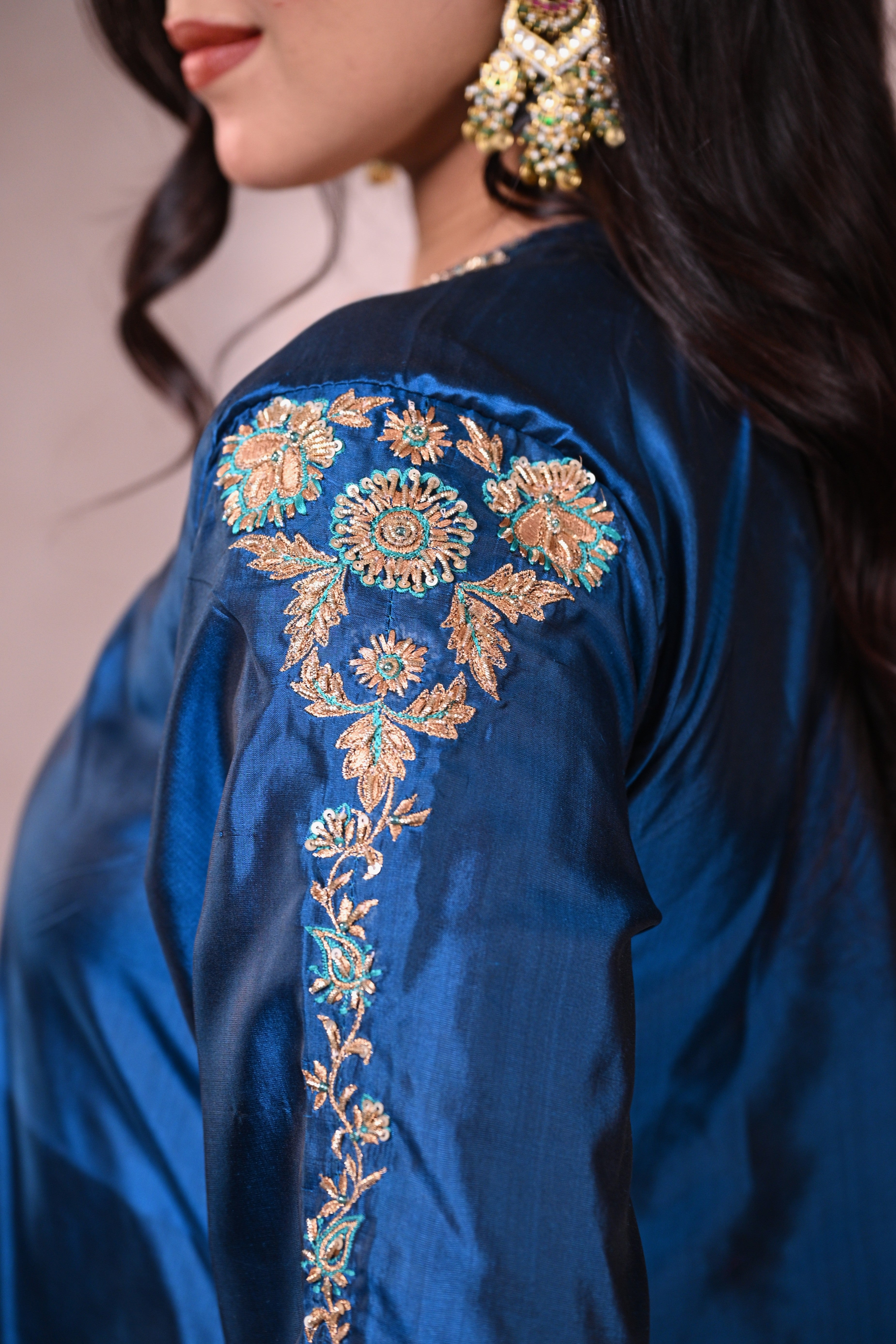 Peacock Blue Katan Silk Zardozi Suit