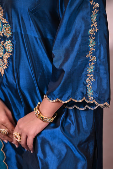 Peacock Blue Katan Silk Zardozi Suit
