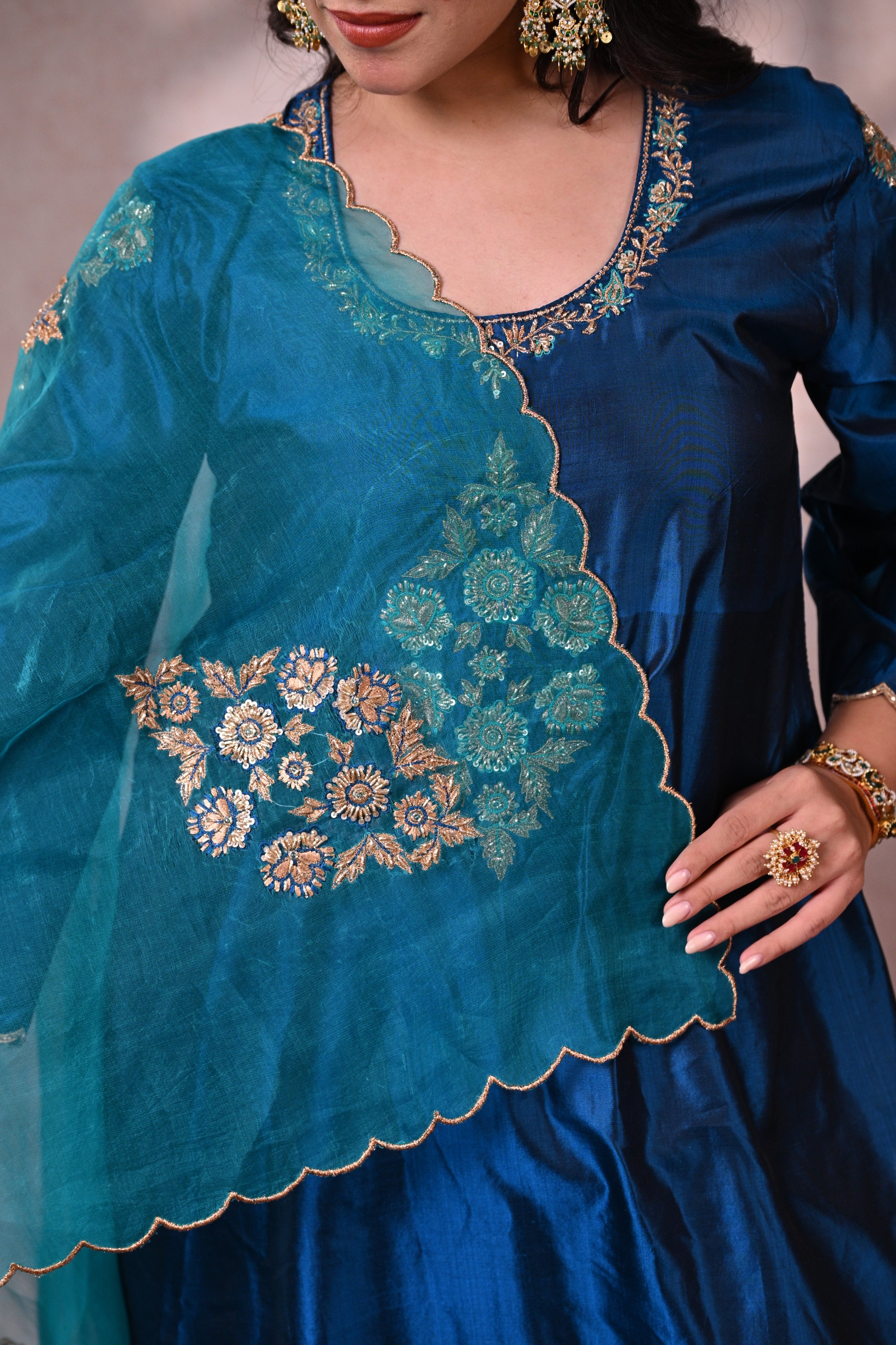 Peacock Blue Katan Silk Zardozi Suit