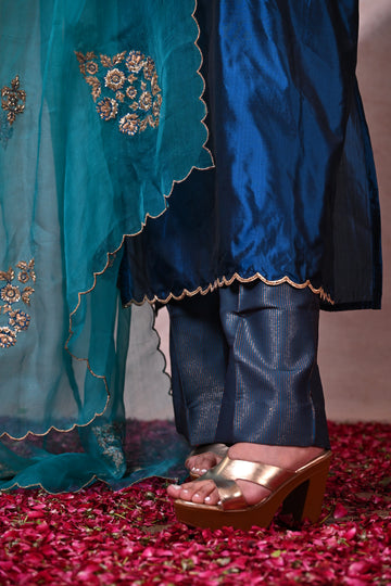 Peacock Blue Katan Silk Zardozi Suit