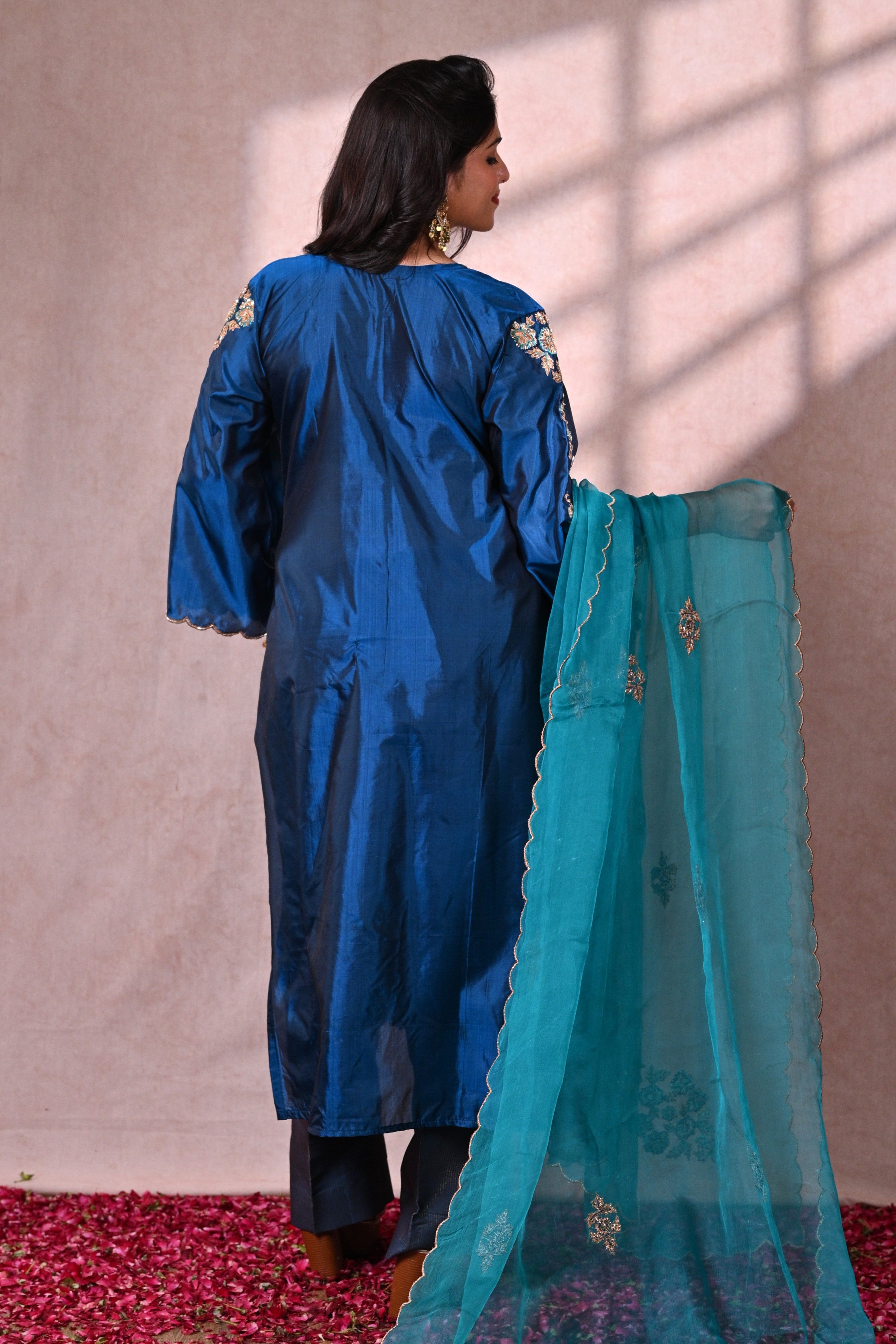 Peacock Blue Katan Silk Zardozi Suit
